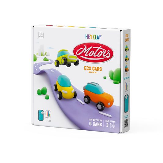 Boxed Hey Clay ECO Cars set featuring three colorful toy cars on a road, with images of the clay product and the app guide.
