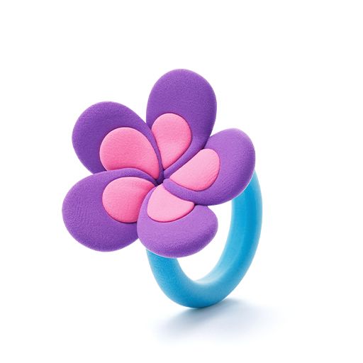 Flower-shaped ring with purple and pink petals on a white background