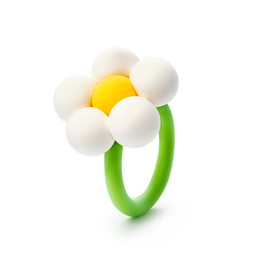 Flower-shaped teething ring with white beads and a yellow center on a white background