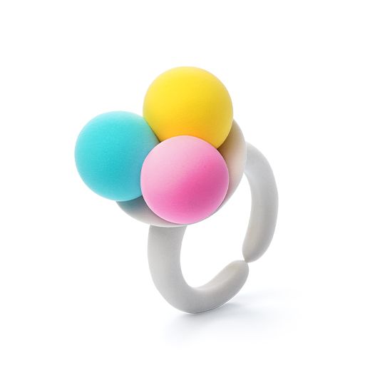 Colorful silicone teething ring with yellow, pink, and blue spheres on a white background