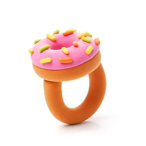 Donut-shaped ring with pink icing and colorful sprinkles on a white background