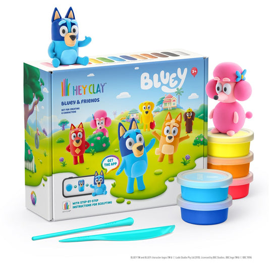 Hey Clay Bluey & Friends playset with clay containers and tools on a white background
