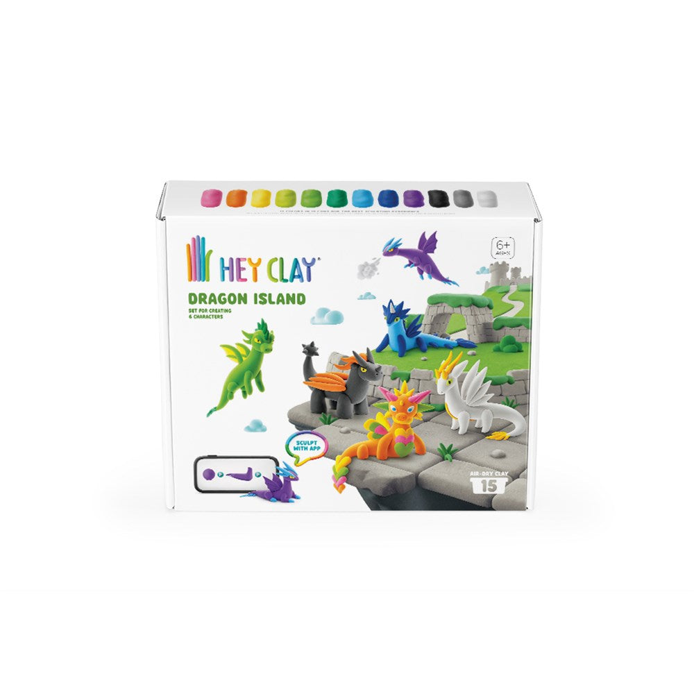 Hey Clay Dragon Island playset packaging with colorful dragons and a white background