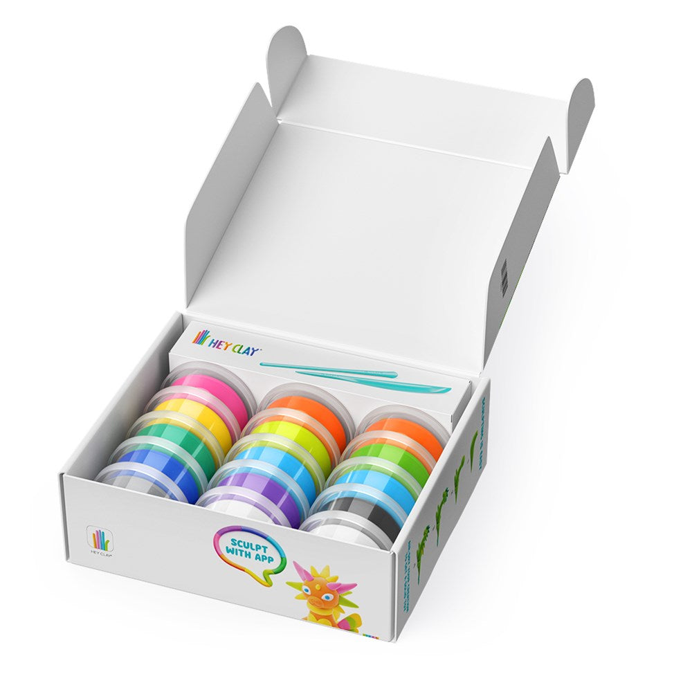 Box of colorful clay rolls with 'Hey Clay' branding on a white background