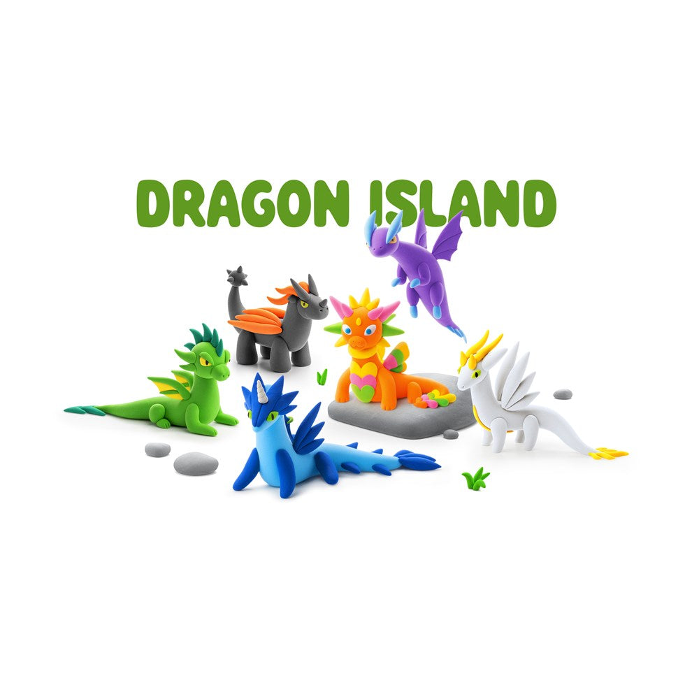 A set of colorful dragon figurines arranged on a white background beneath the green text 'DRAGON ISLAND'. The collection includes a green dragon, a blue dragon, a purple dragon, an orange dragon, a white dragon, and a dark gray dragon with orange wings, with small gray rocks and green grass accents.