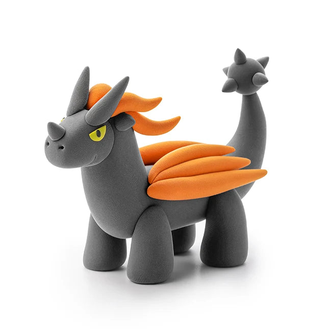 Gray dragon toy with orange wings and crest on a white background