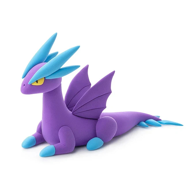 Purple and blue dragon-like toy on a white background