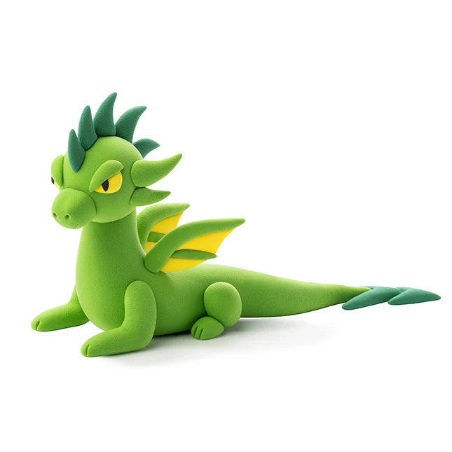 Green dragon plush toy on a white background