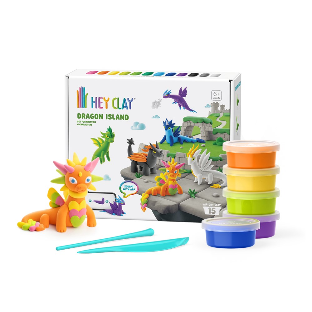 Hey Clay Dragon Island playset with colorful clay containers and tools on a white background