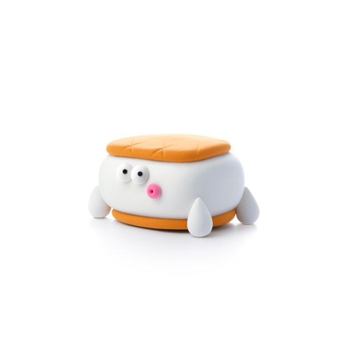 Small, round robot with a white body, orange top, and pink nose on a white background