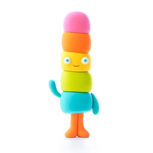 Colorful toy figure with stacked cylindrical body segments on a white background