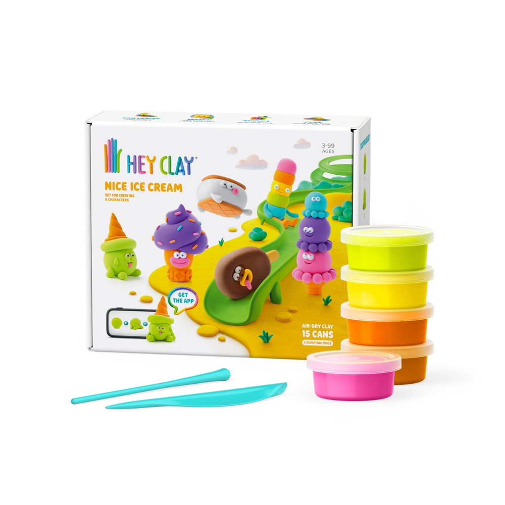 Colorful clay set with containers, tools, and packaging on a white background