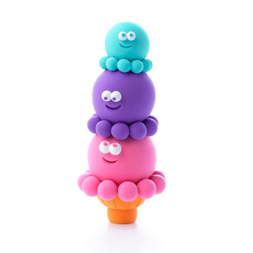 Stack of colorful toy octopuses on a white background