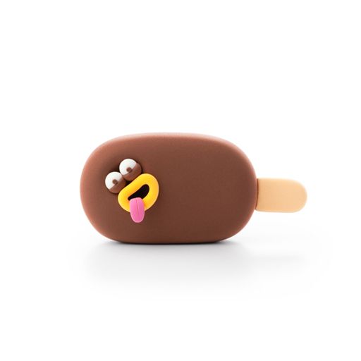 Chocolate ice cream bar-shaped product with a face on a white background