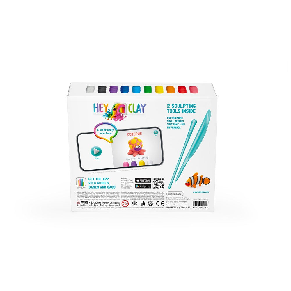Hey Clay packaging with colorful clay sticks and tools on a white background