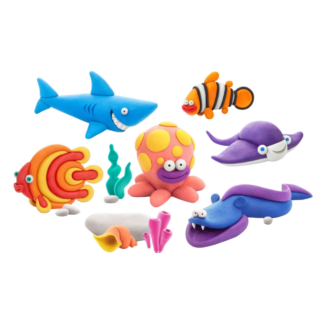 Colorful toy sea creatures on a white background