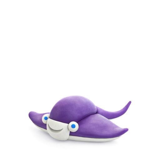 Purple cartoon-like creature with blue eyes on a white background