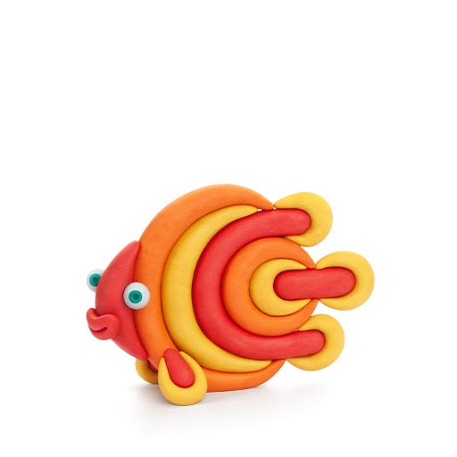 Colorful fish-shaped toy made of interlocking rings on a white background