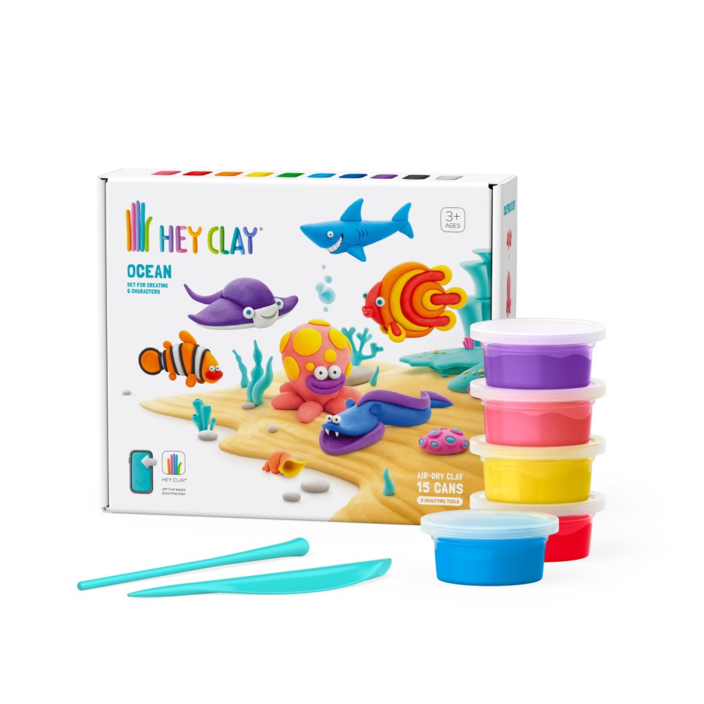 Hey Clay ocean-themed play set with colorful clay containers and packaging on a white background