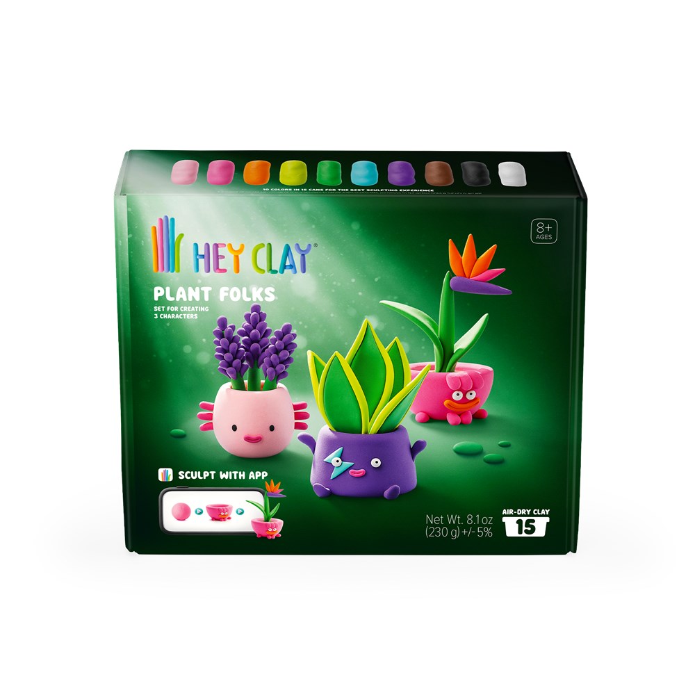 HEY CLAY Plant Folks toy set in a dark green box, featuring colorful clay plant characters and app sculpting graphics on the front.