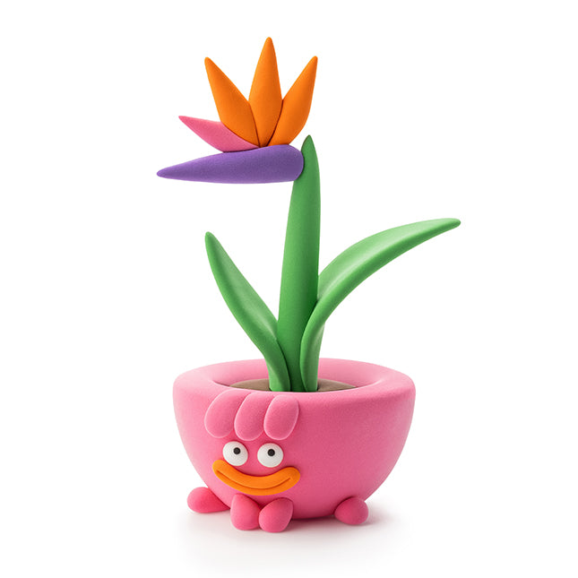 Colorful cartoon-style flower pot with a pink base on a white background