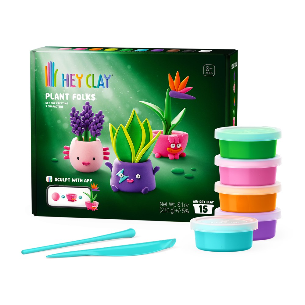 HEY CLAY Plant Folks clay sculpting kit with a green box, five colorful clay pots stacked and arranged, two turquoise sculpting tools, and a small app icon on a white background.
