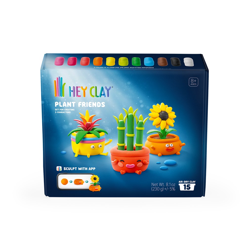 HEY CLAY Plant Friends toy set in a blue box, featuring colorful clay pots and plant figures on the front packaging.