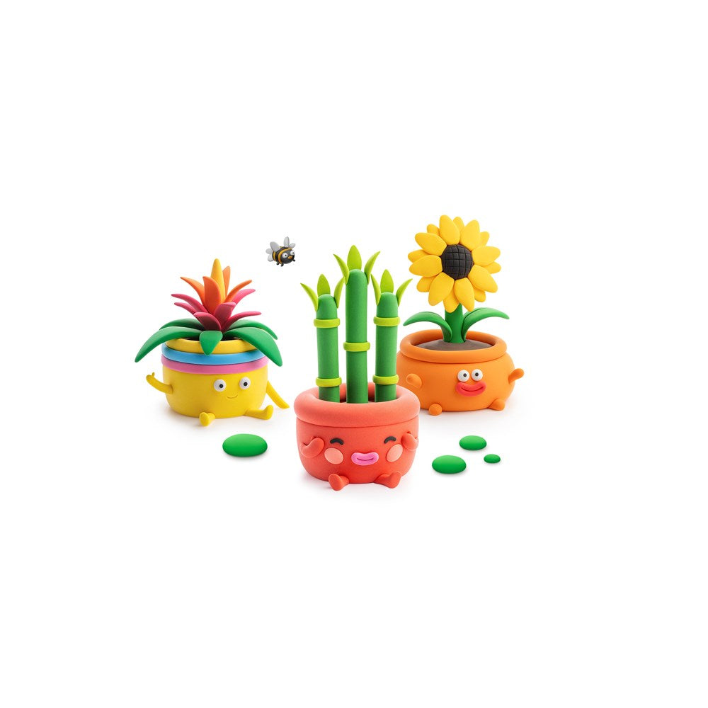 Three colorful, cartoon-style potted plant toys on a plain white background. The set includes a yellow pot with a red and green succulent, a terracotta pot with green bamboo stalks, and an orange pot with a yellow sunflower, each with small green stones and a tiny bee nearby.