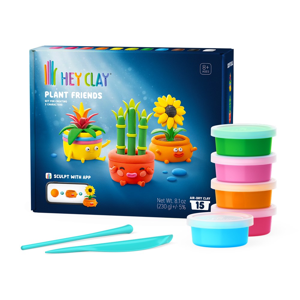 Hey Clay Plant Friends toy set with a dark blue retail box, five colorful clay pots stacked on the right, two turquoise sculpting tools, and a small blue clay pot in front, all on a white background.