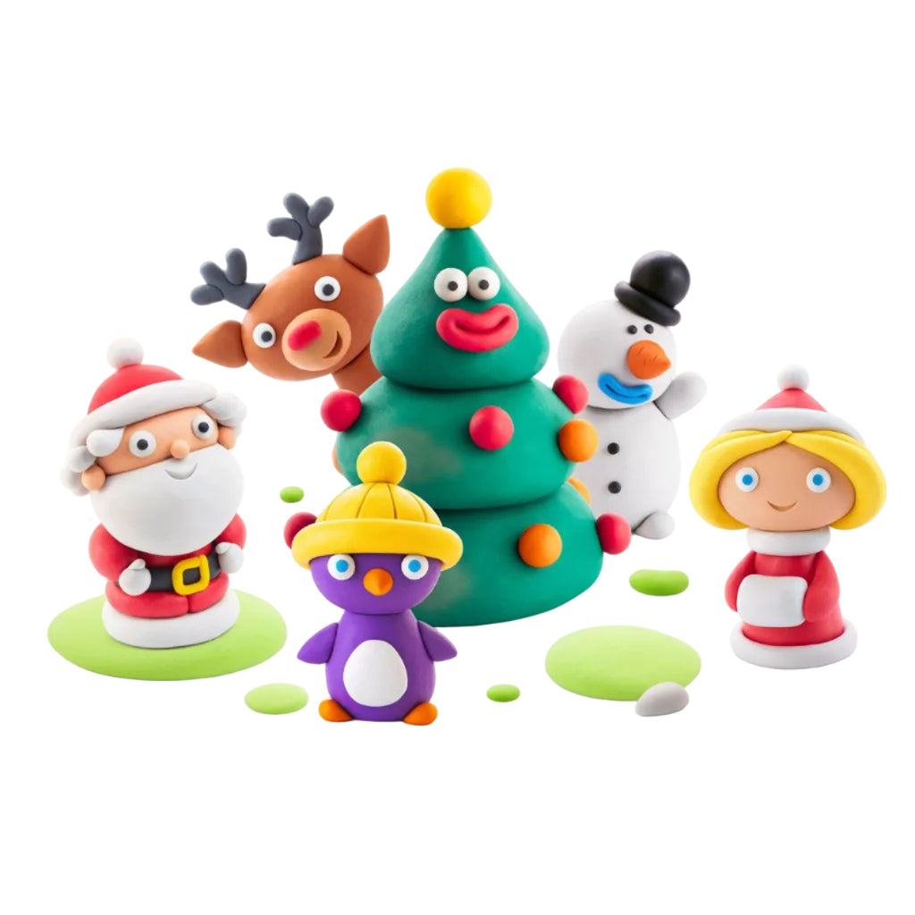 Colorful Christmas-themed play-doh figures including a tree, reindeer, penguin, and Santa Claus on a white background.