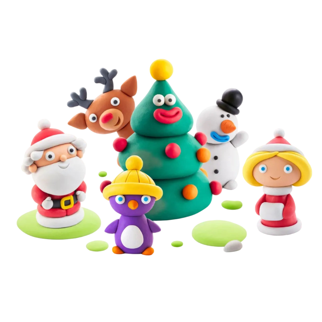 Colorful Christmas-themed play-doh figures including a tree, reindeer, penguin, and Santa Claus on a white background.