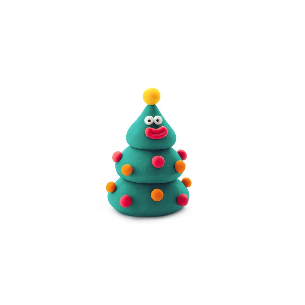 Colorful toy Christmas tree with a happy face on a white background