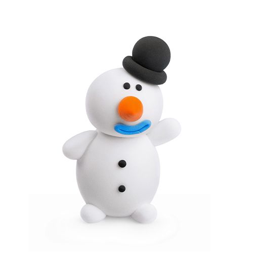 Snowman figurine with a black top hat, orange nose, and blue mouth on a white background