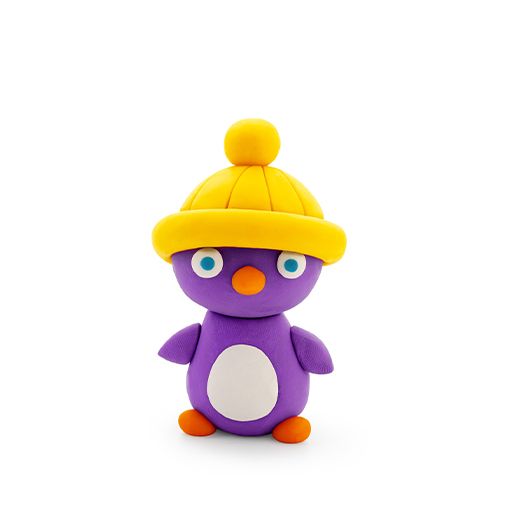 Purple toy penguin with a yellow hat on a white background