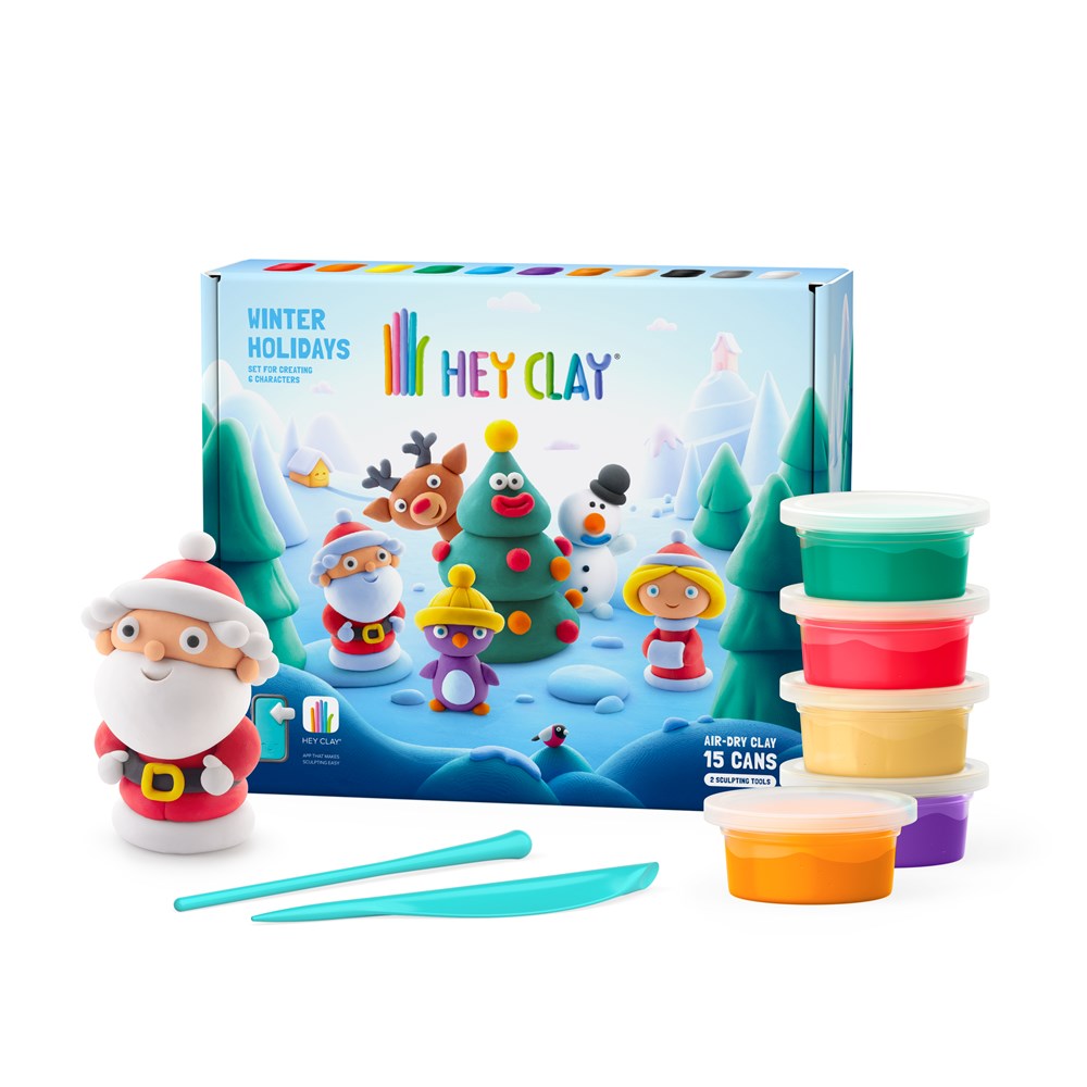 Hey Clay winter holidays playset with colorful clay containers and Santa figure in front of a festive box.