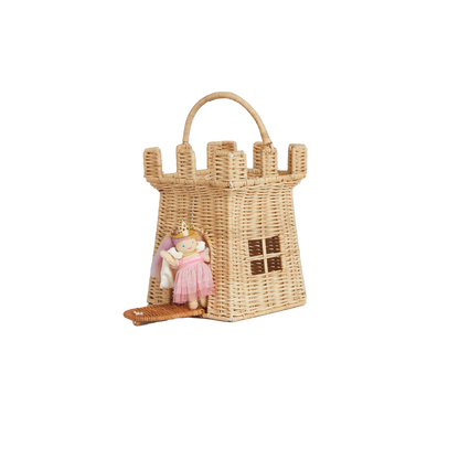 Woven castle-shaped basket with a toy inside on a white background