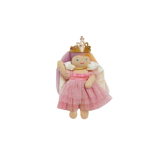 Toy doll with a pink dress and gold crown on a white background