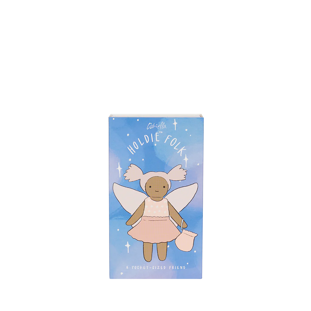 Fairy doll packaging with a blue background and 'Holdie Folk' branding.