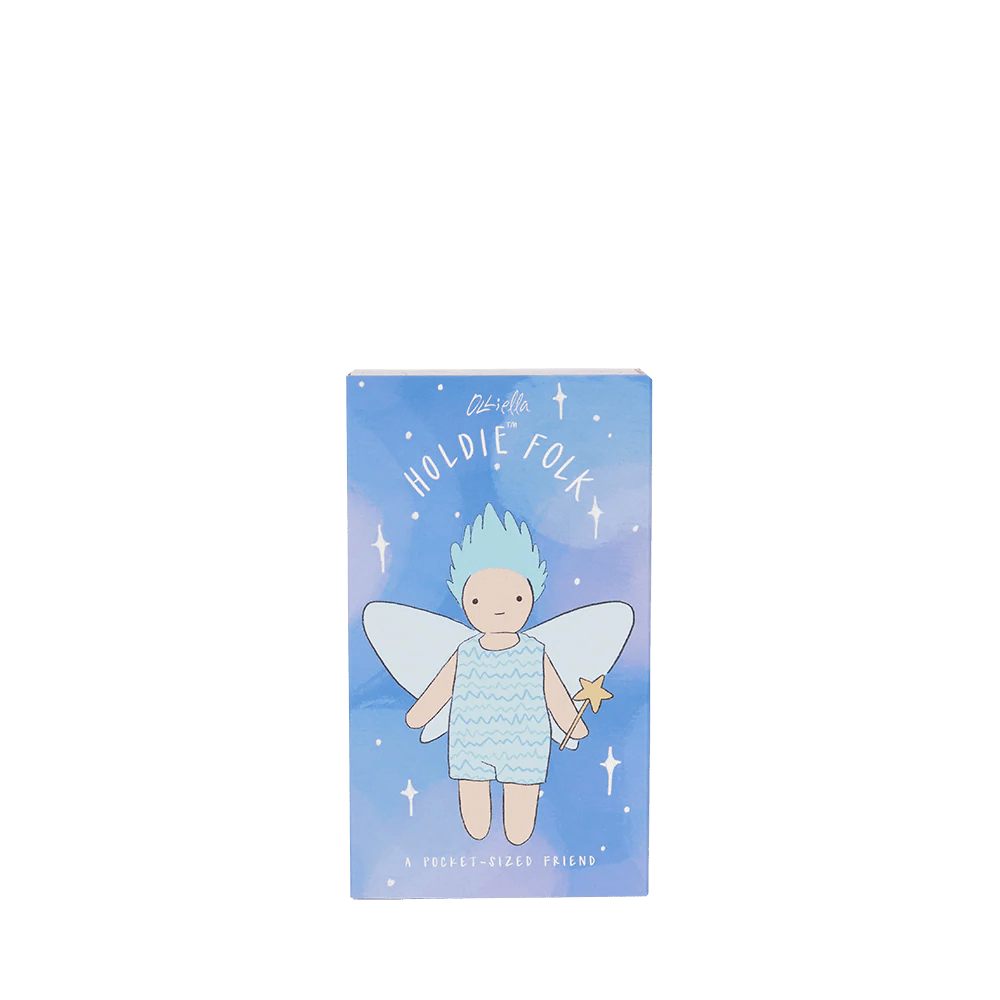 Fairy doll with blue hair and wings on a blue packaging background