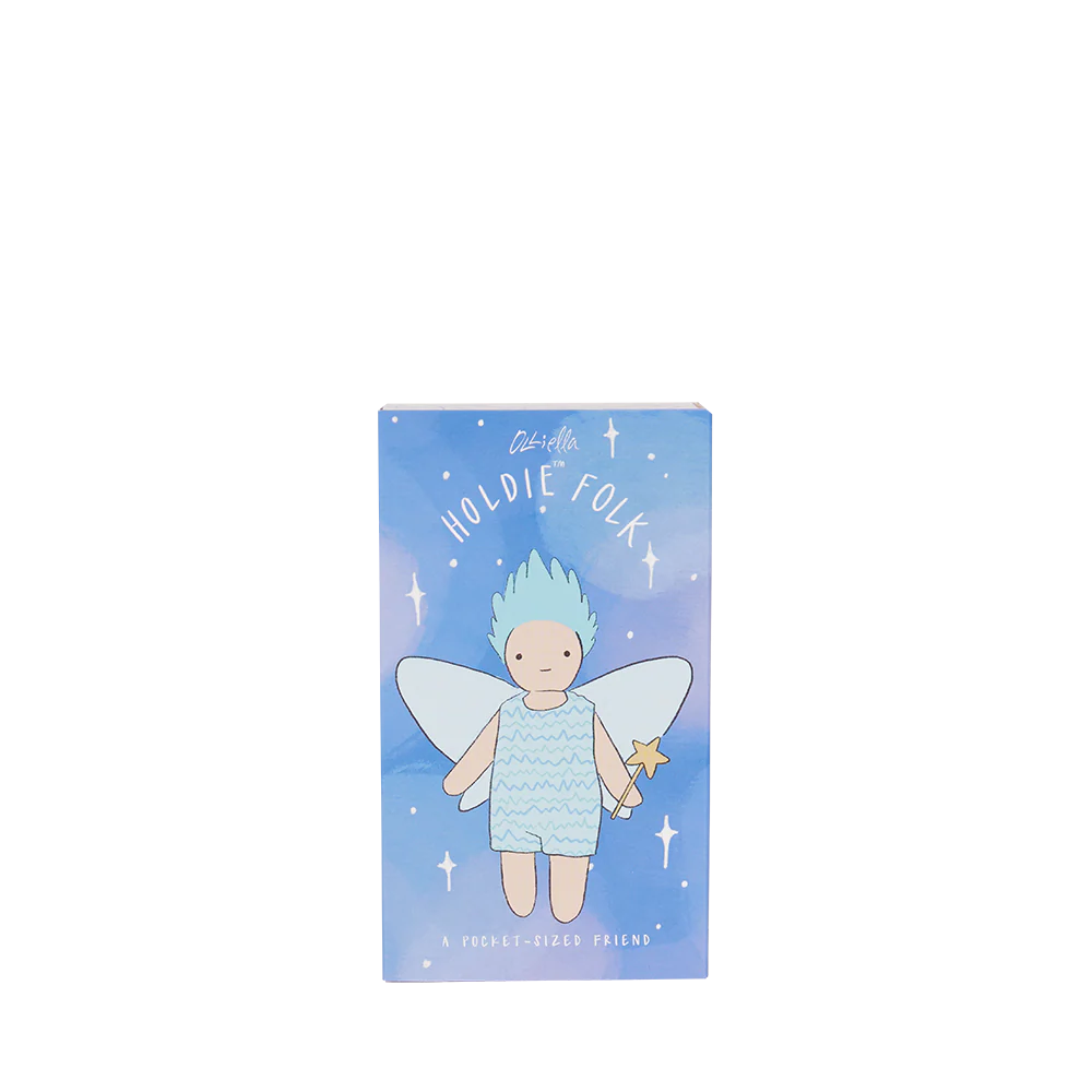 Fairy doll with blue hair and wings on a blue packaging background