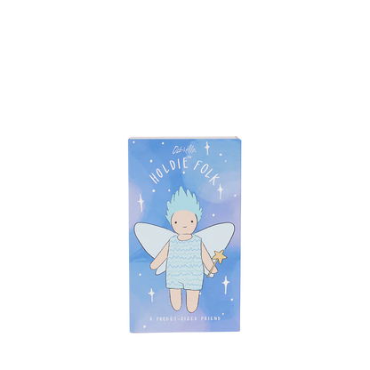 Fairy doll with blue hair and wings on a blue packaging background