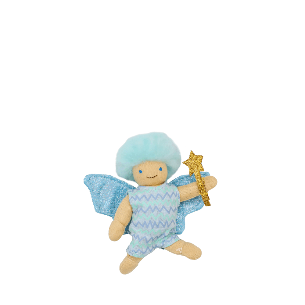 Toy fairy with blue hair and wings holding a star on a white background