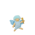 Toy fairy with blue hair and wings holding a star on a white background