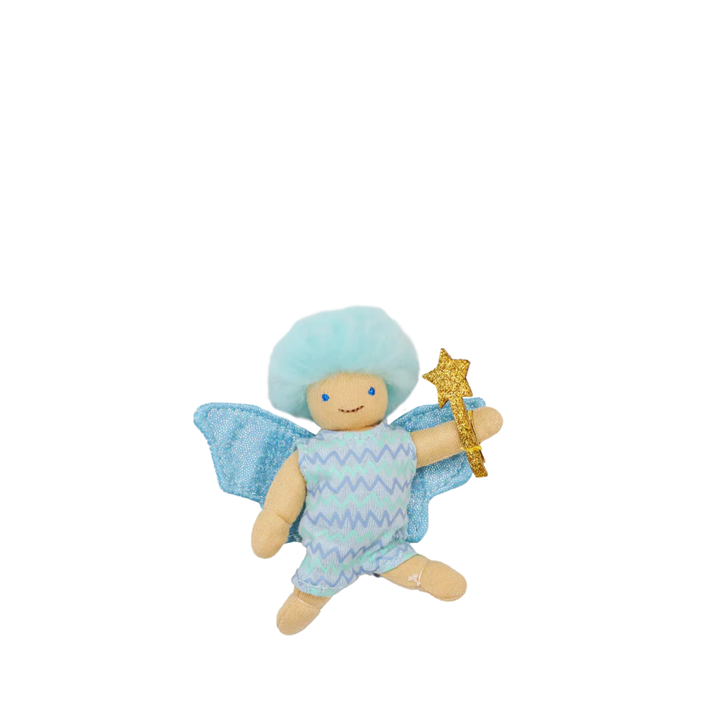 Toy fairy with blue hair and wings holding a star on a white background
