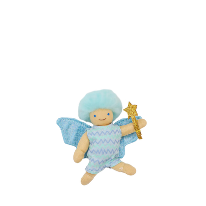 Toy fairy with blue hair and wings holding a star on a white background