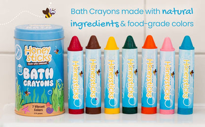 Bath crayons with natural ingredients and food-grade colors, displayed with a container.