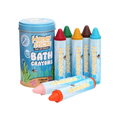 A set of Honeysticks brand bath crayons in various colors, displayed alongside a blue storage tin with the product name and description.