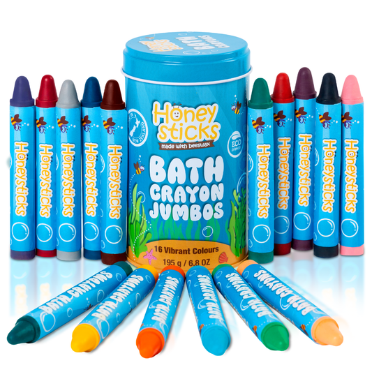 A set of jumbo bath crayons in various colors, displayed around a blue container labeled 'Honeysticks Bath Crayons Jumbos'.