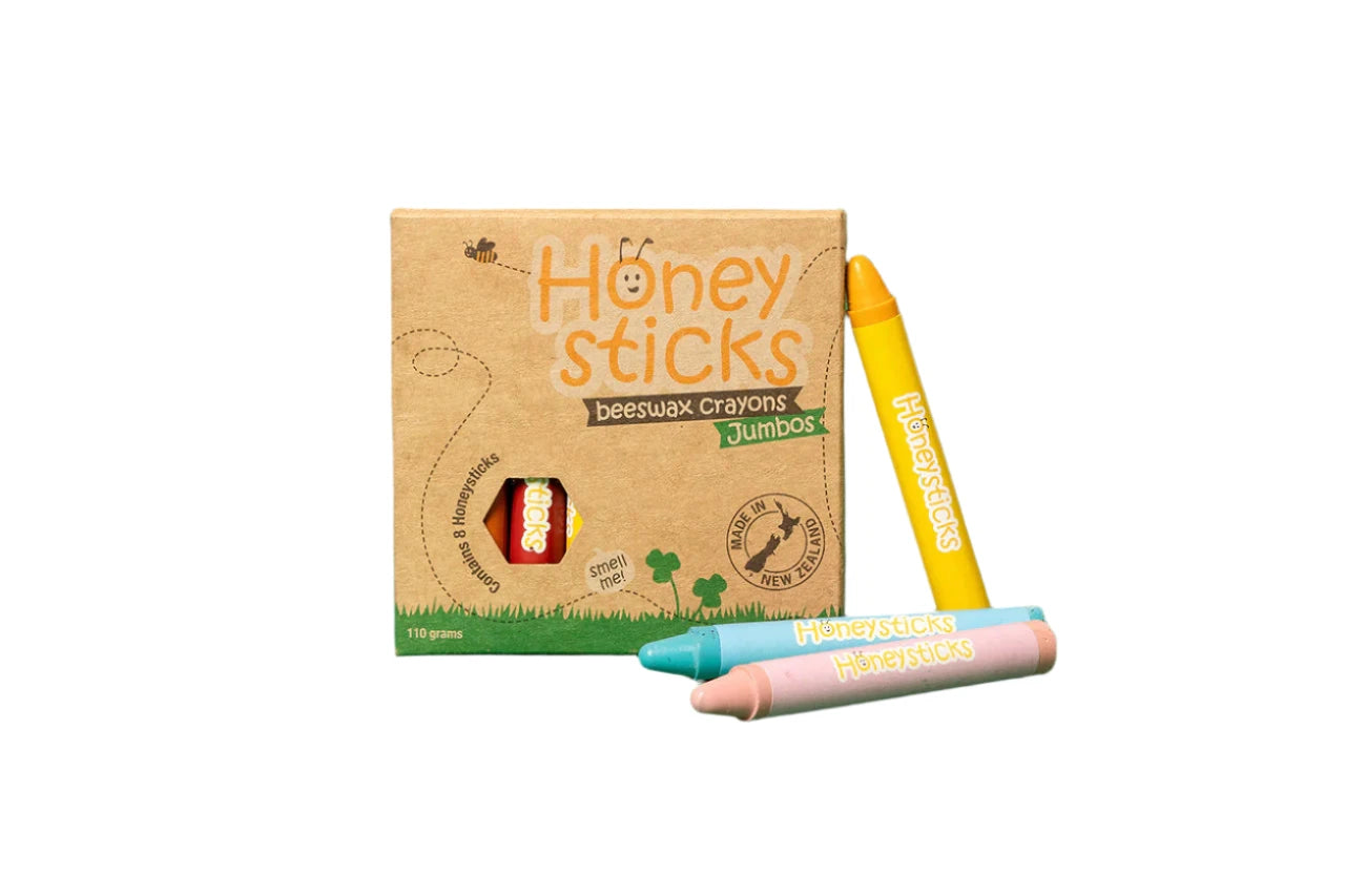 Honey Sticks beeswax crayons packaging with three crayons on a white background