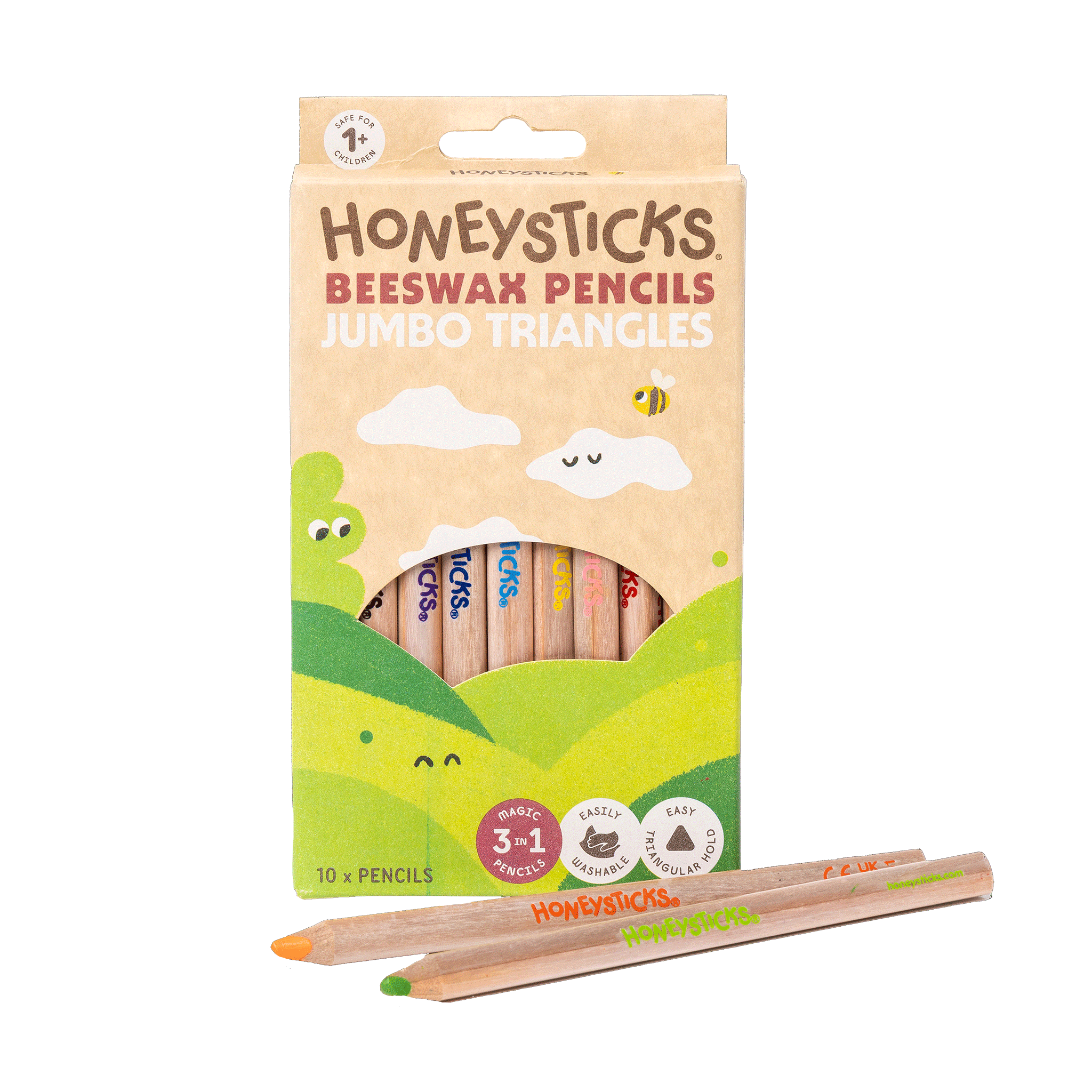 Packaging of Honneysticks Beeswax Pencils with two pencils in front on a white background